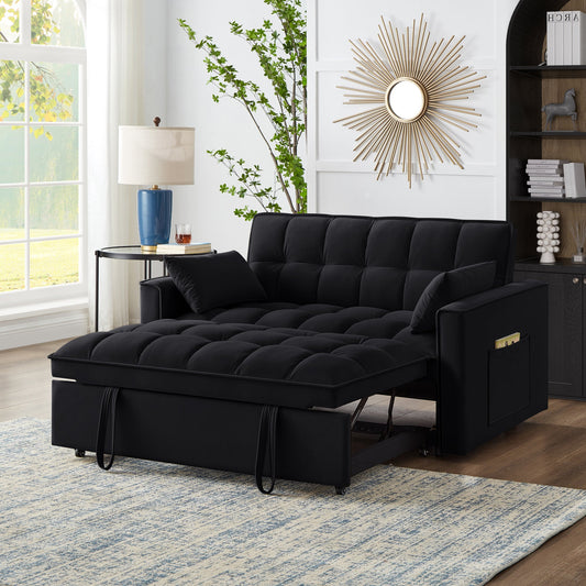 NEW 4 in1 Loveseat Sofa Bed with Armrests & Storage Pockets, Multi-Function Tufted Pull-out Sofa Bed with Adjustable Backrest and Pillows, Convertible Loveseat Sofa Couch,Black