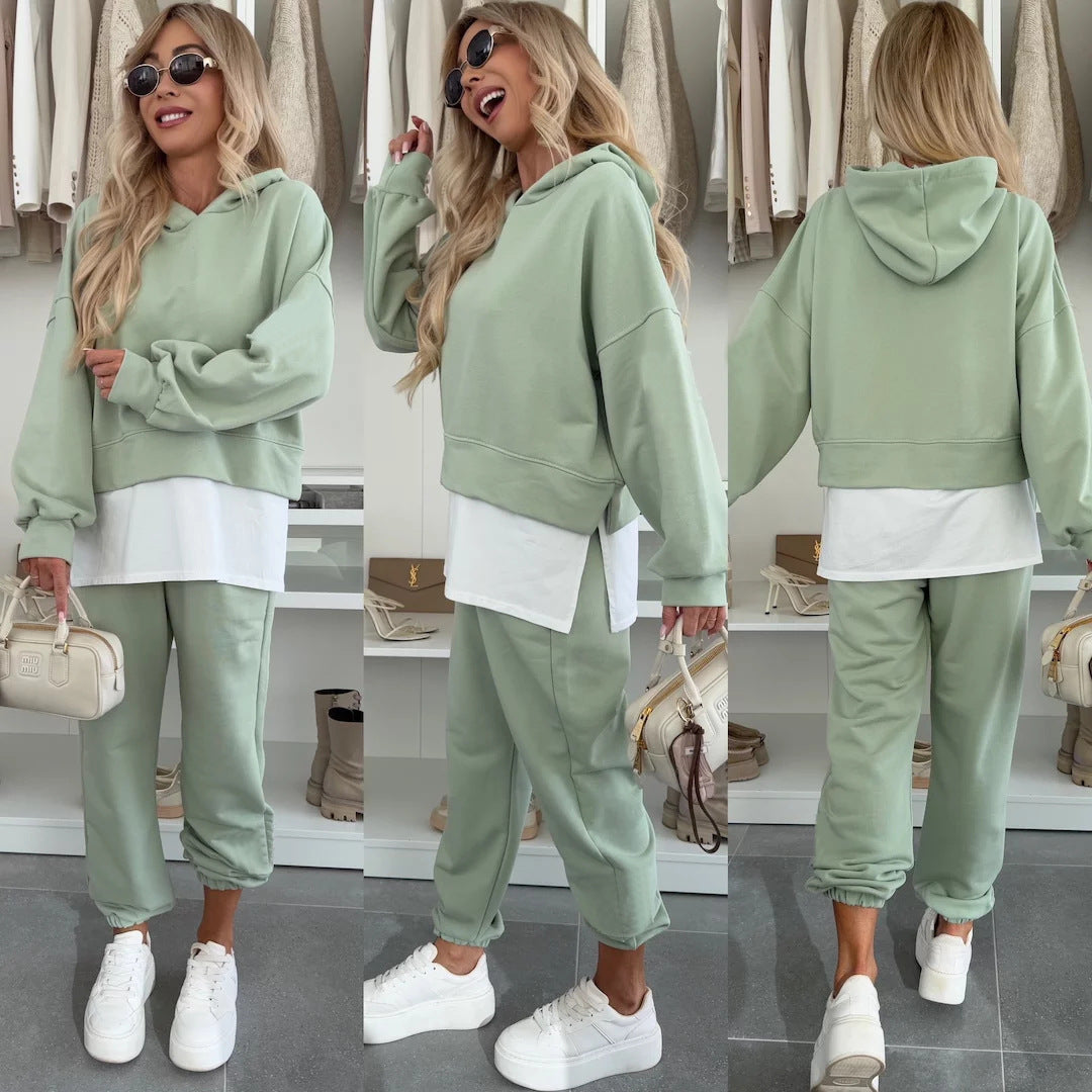 New Hooded Sweatshirt Suit Loose Long Sleeve False Two-piece Tops And Jogger Sports Trousers Casual Spots Set For Women's Clothing