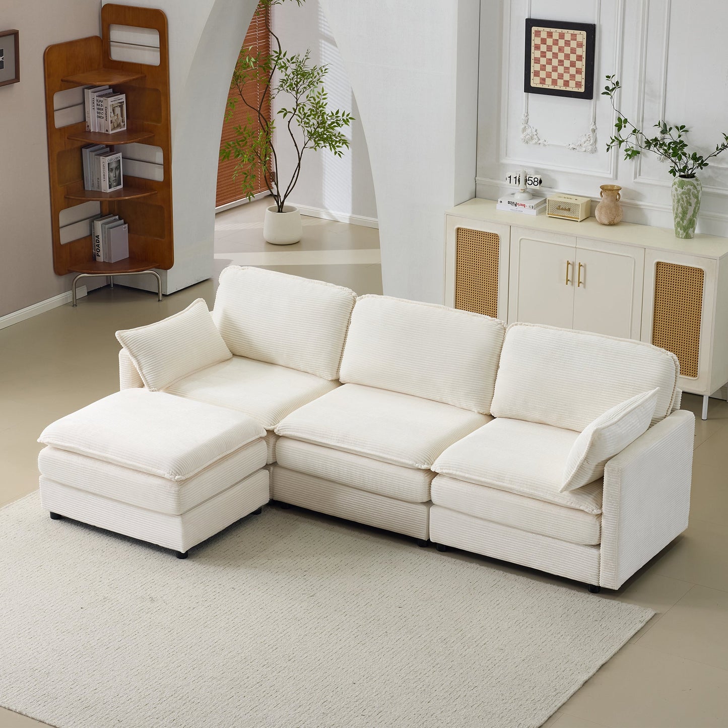 NEW 104' Plush Cloud Beige 3 Seater Modular Sofa + Ottoman with 22' Chenille Cushions and 2 Throw Pillows
