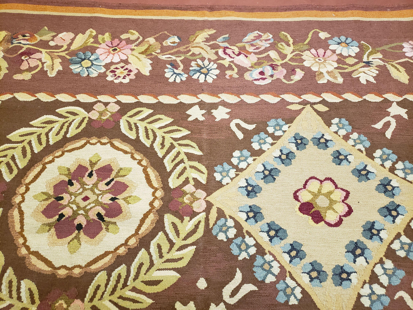 USED Aubusson Rug 6 x 9 Flat Weave Area Carpet European Design Flowers New Brown Rug Handmade Wool Hand-Knotted Aubusson Weave Medium Rug 6x9
