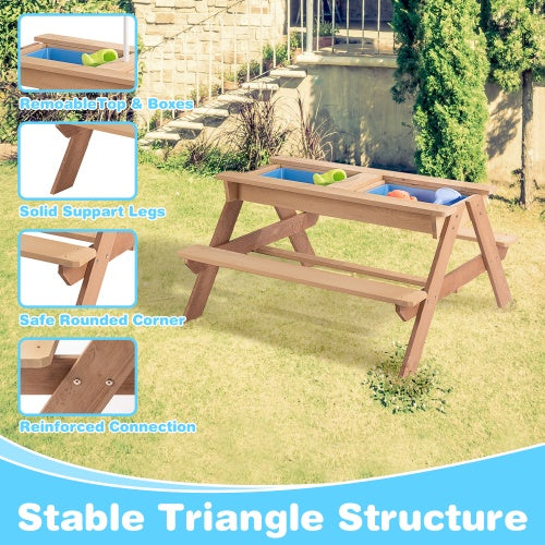 NEW 3-in-1 Kids Outdoor Cedar Wooden Picnic Table With Umbrella Convertible Sand Box And Water Kettle