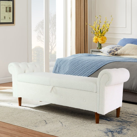 NEW Beige Teddy Velvet Multifunctional Storage Rectangular Sofa Stool