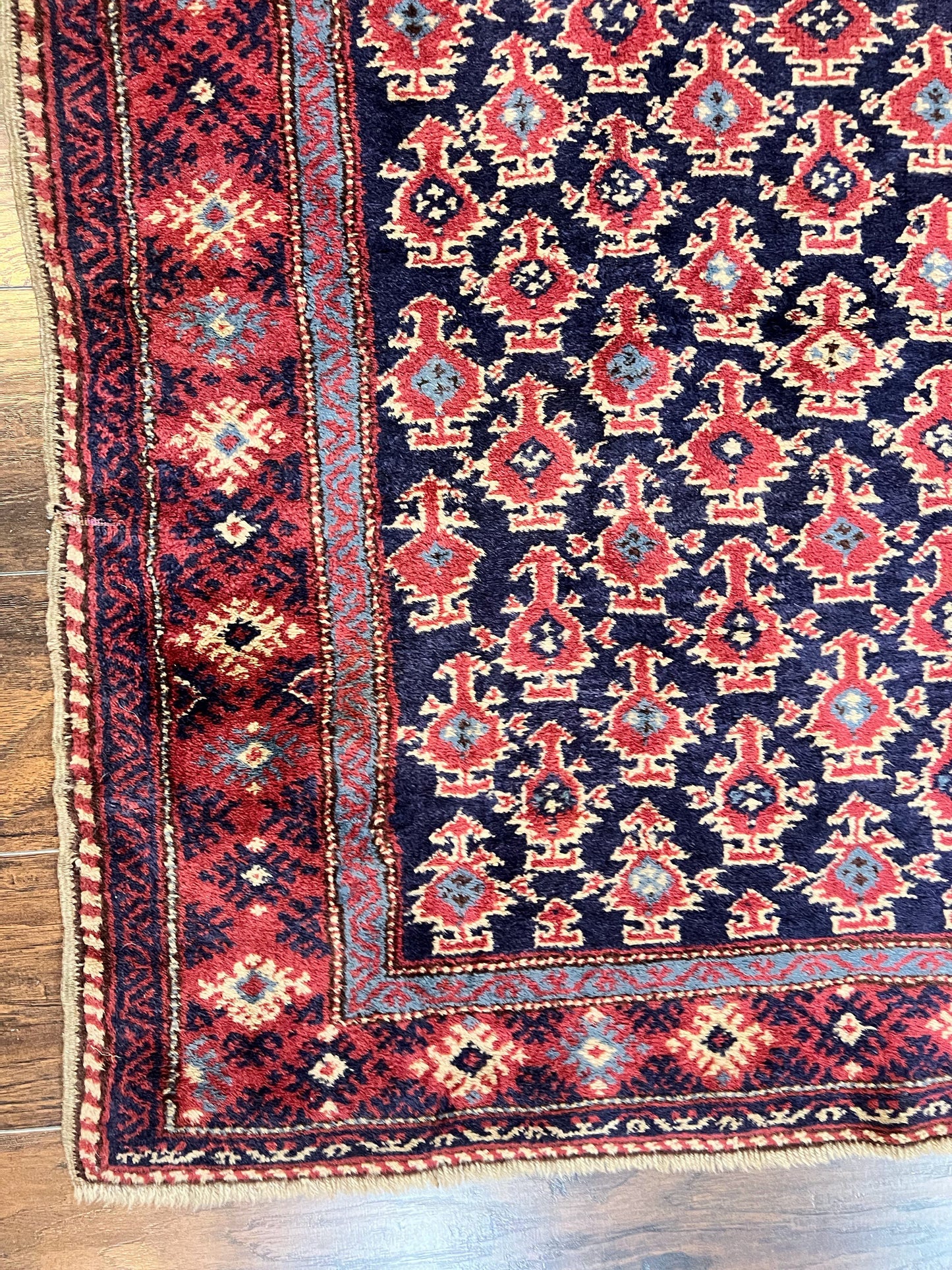 USED Turkish Sparta Rug 3x4, Allover Pattern, Navy Blue and Red, Antique Ispara Oriental Carpet 3 x 4, Small Turkish Handmade Vintage Wool Rug