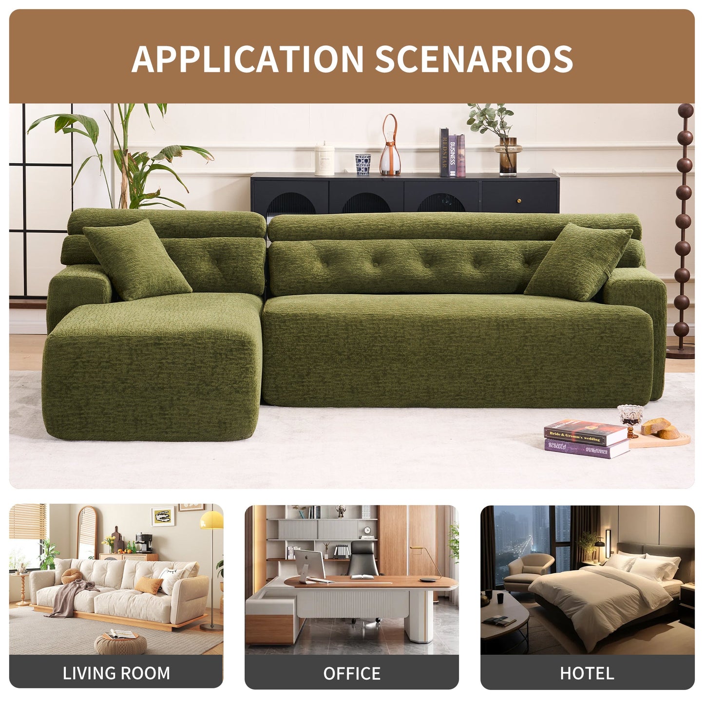 NEW 105' Modula Compression Sponge L-Shaped, Chesterfield-Inspired Design, No-Assembly Chenille Couch, 30D High-Density for Living Room, Bedroom, Apartment.Green.