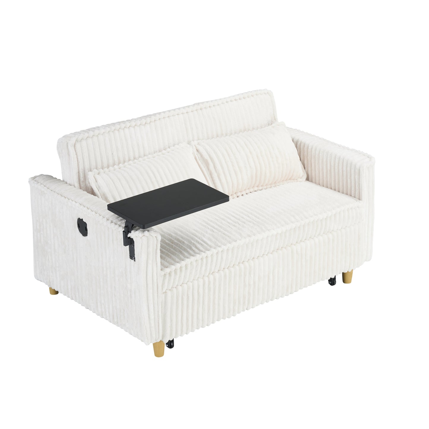 NEW Pull-out Push-in Beige Corduroy Sofa with Dual Functions Movable Tabletop and USB Ports