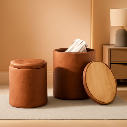 NEW Dark Brown Faux Leather Round Storage Ottoman