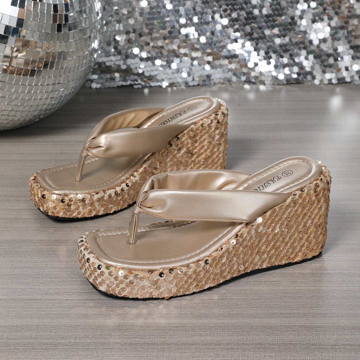 New High Heels Wedge Sandals With Sequins Shiny Height Increasing Platform Flip Flops Women's Thick Bottom Shoes Beach Summer
