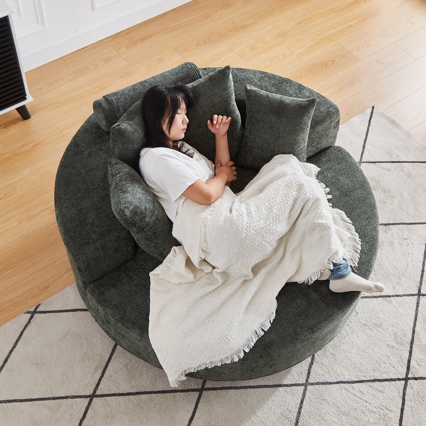 NEW 55''L Chenille Foam Single Swivel Chair, Fluffy Modern Sleeper, 360 Degree Swivel Chair for Living Room, Bedroom, Lounge and Projection Room