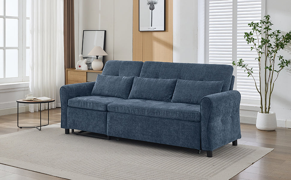 NEW 2-in-1 Sofa 82' Three-seater Sofa with Sofa Bed and Reversible Recliner, Blue Chenille