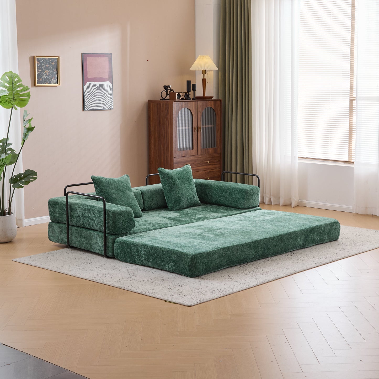 NEW Dark Green Chenille Fabric Floor Compression Convertible Sofa Bed