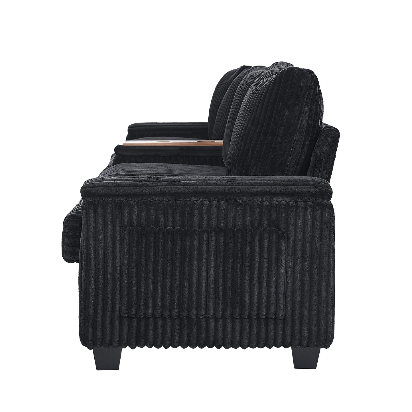 NEW Modern 4-Seater Black Corduroy Sofa Couch with USB Ports and Hidden Storage