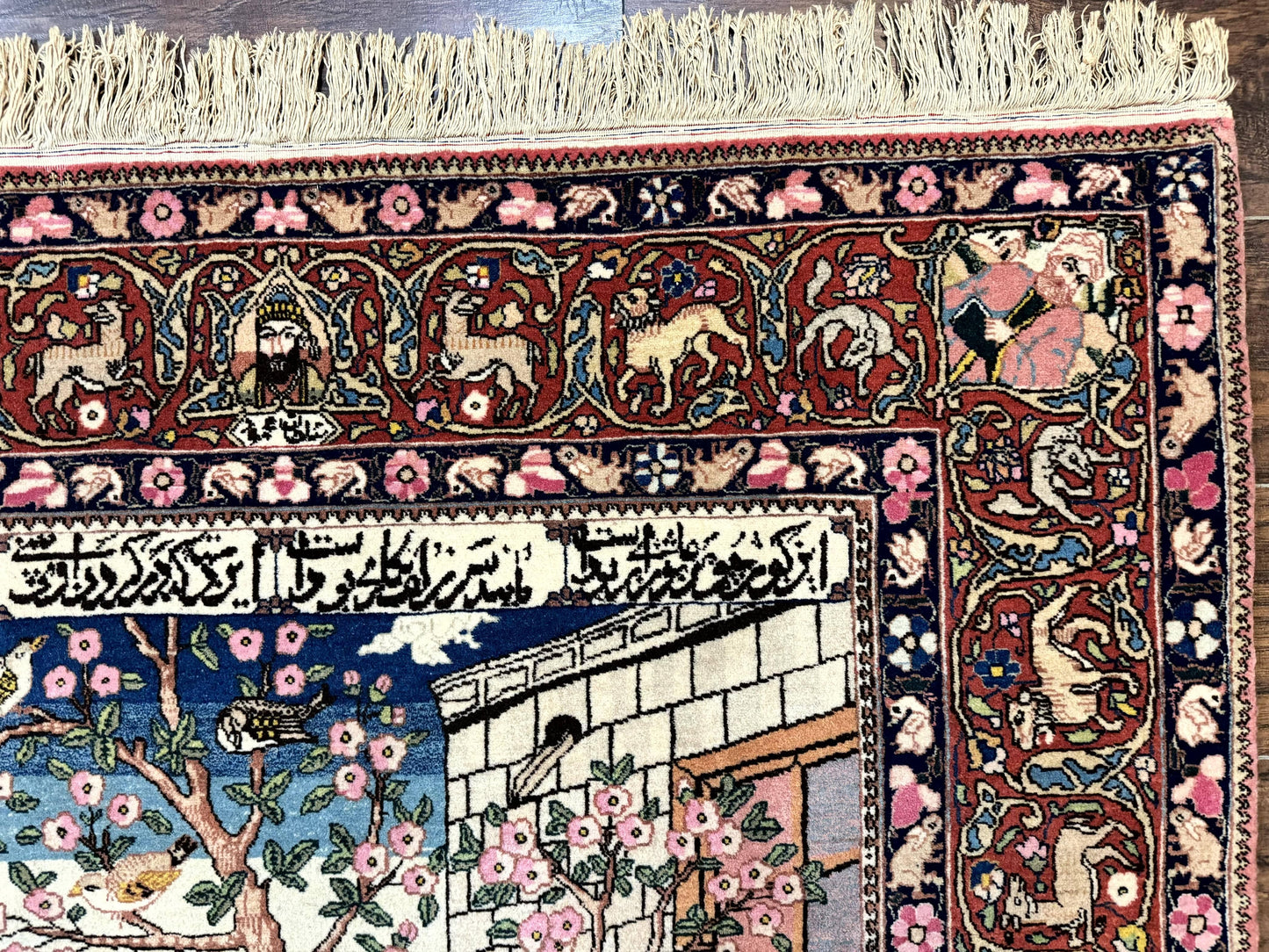 USED Wonderful Persian Kashan Pictorial Rug 4.7 x 6.5, Persian Rug for Wall Hanging, Handmade Antique Wool Carpet Animal Motifs Poetry Lovers, 240 KPSI