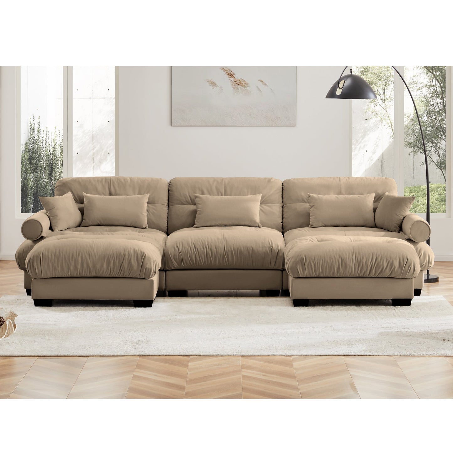 NEW Modern U Shape Modular Sectional Sofa Couch with Movable Ottomans, Camel Velvet, Convertible L Shaped Living Room Sofa