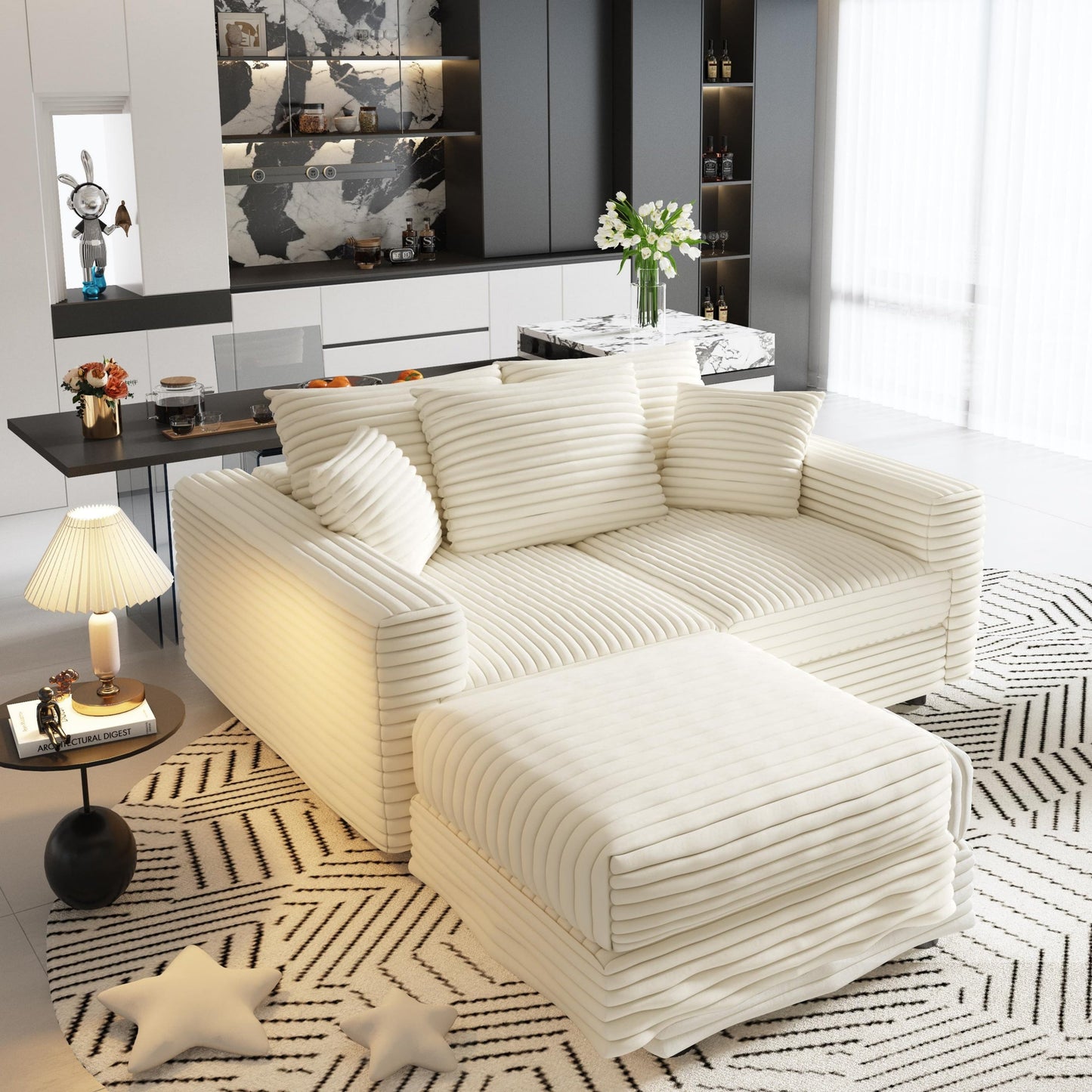 NEW 82.7 ' Plush Beige Corduroy Modern Comfy Upholstered Deep 3-Seat Sofa Couch Convertible Lounge Chair with Soft Pillows and Ottoman