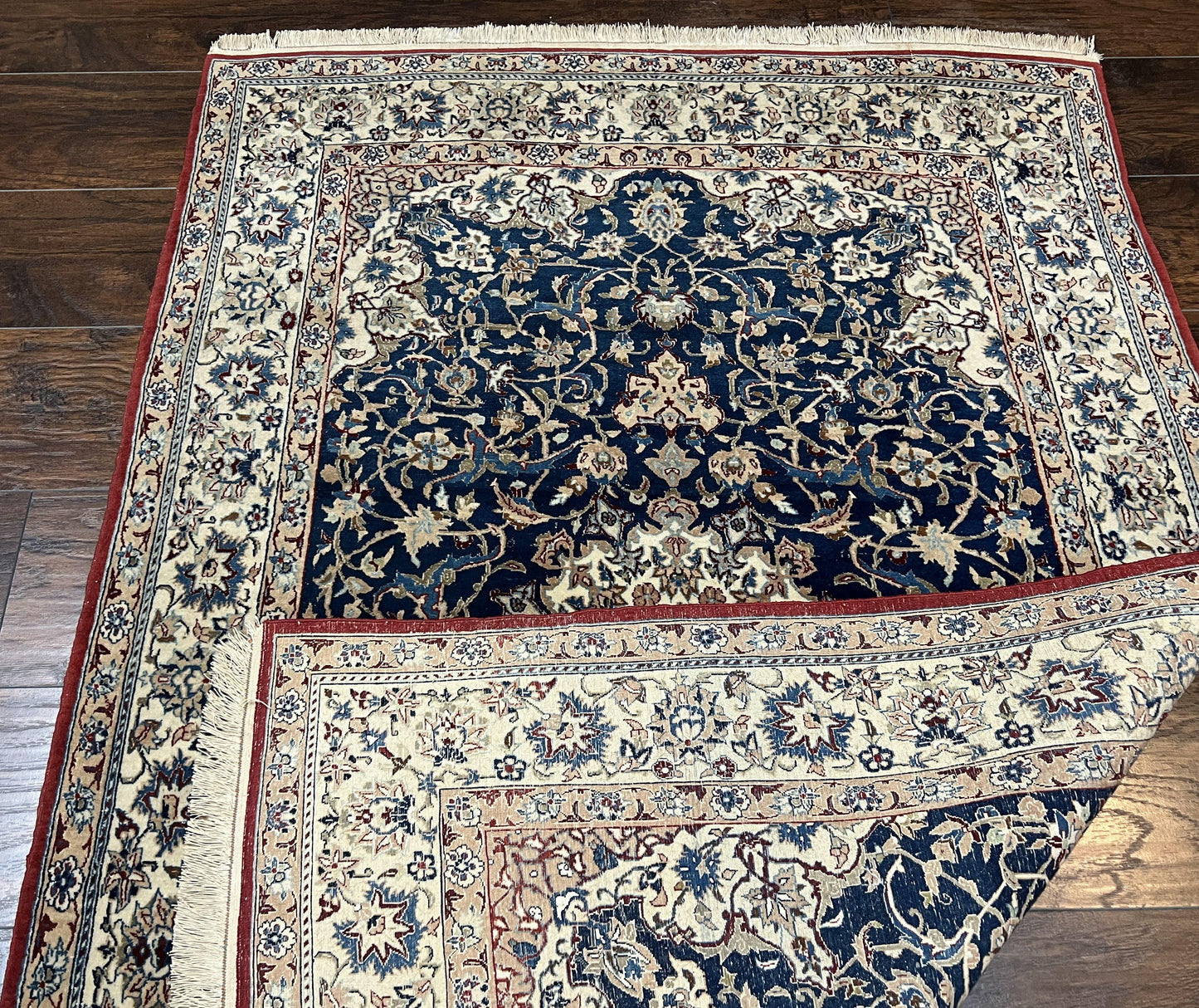 USED Super Fine Persian Nain Rug 3.6 x 5.4, Navy Blue and Ivory, 700 KPSI
