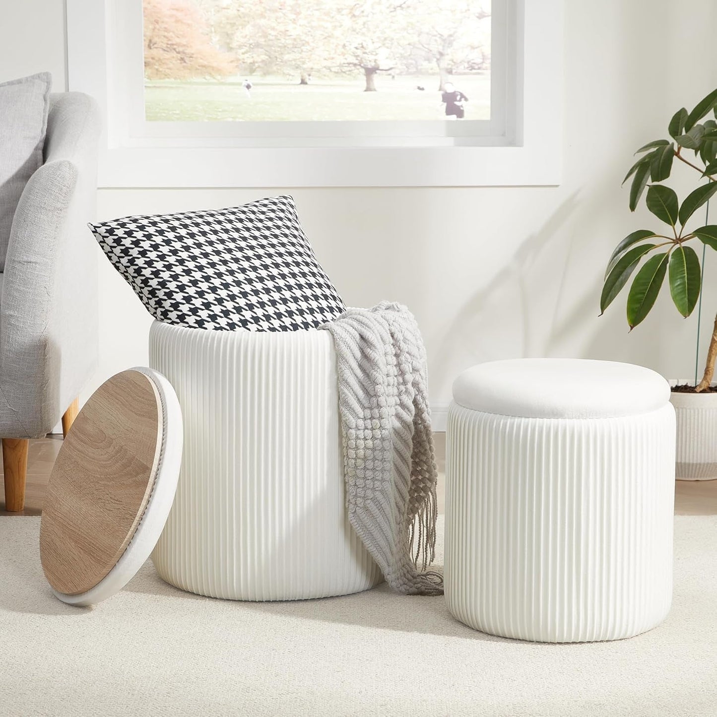 NEW Compact Round Velvet Storage Ottoman TwoPack White