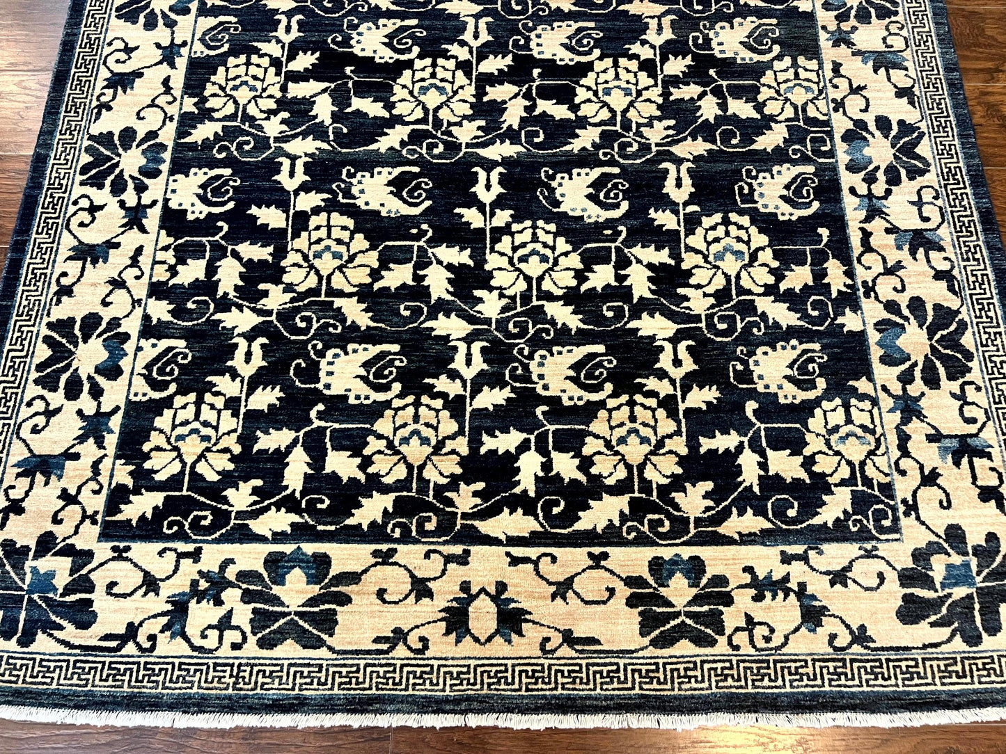 USED Sino Persian Rug 6x9, Hand Knotted Wool Carpet, Floral Allover, Blue Cream-Tan