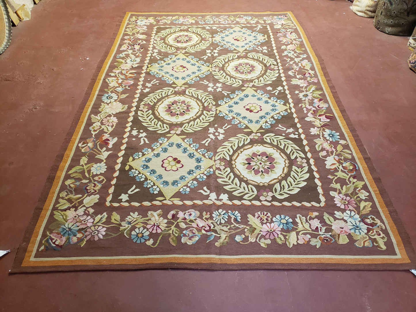 USED Aubusson Rug 6 x 9 Flat Weave Area Carpet European Design Flowers New Brown Rug Handmade Wool Hand-Knotted Aubusson Weave Medium Rug 6x9