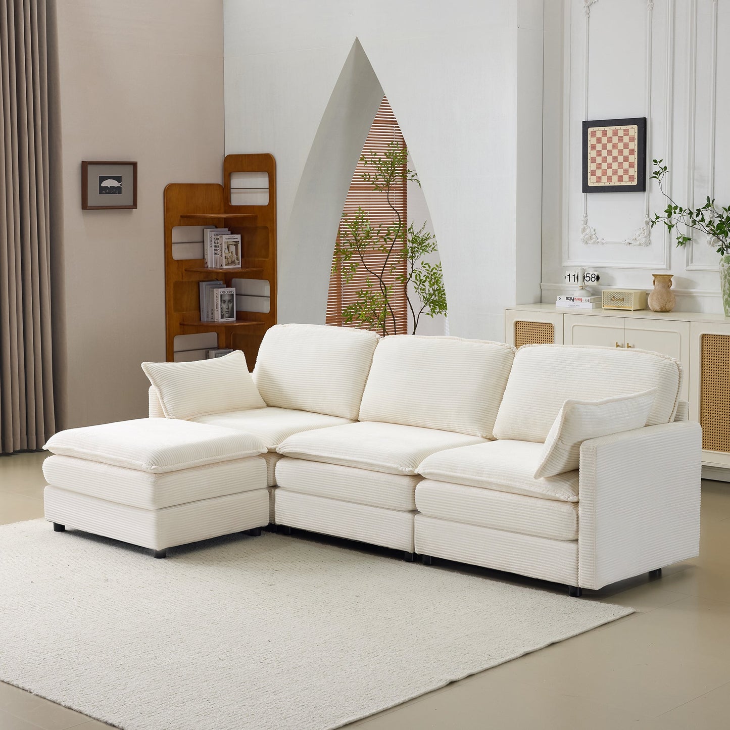 NEW 104' Plush Cloud Beige 3 Seater Modular Sofa + Ottoman with 22' Chenille Cushions and 2 Throw Pillows