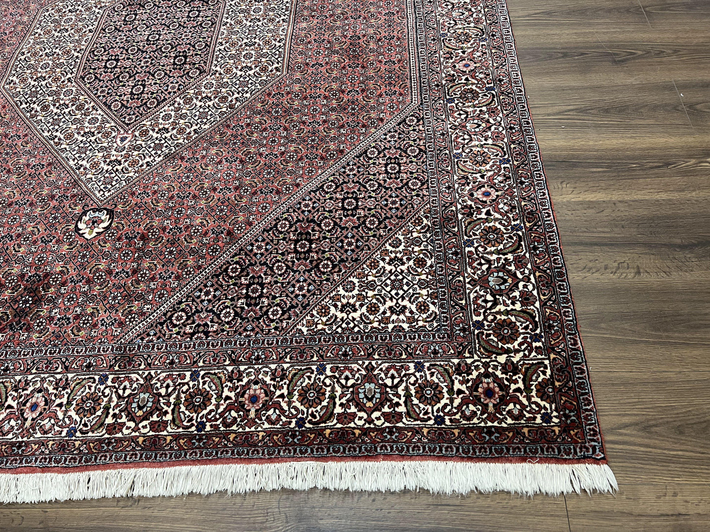 USED Wonderful Persian Bidjar Rug 7x8 ft, Almost Square Oriental Carpet, Herati Mahi, Highly Detailed, Ivory Red Navy Blue, Very Fine Handmade Bijar Rug