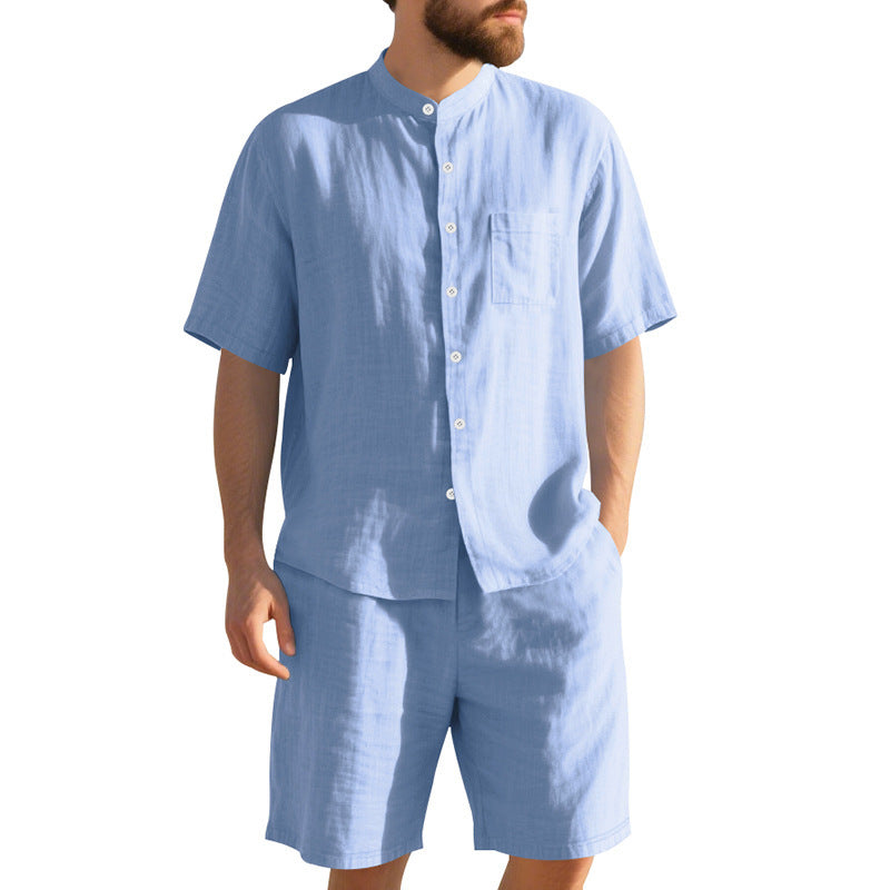 New American Linen Suit Men's Summer Two-piece Suit Henry Collar Beach