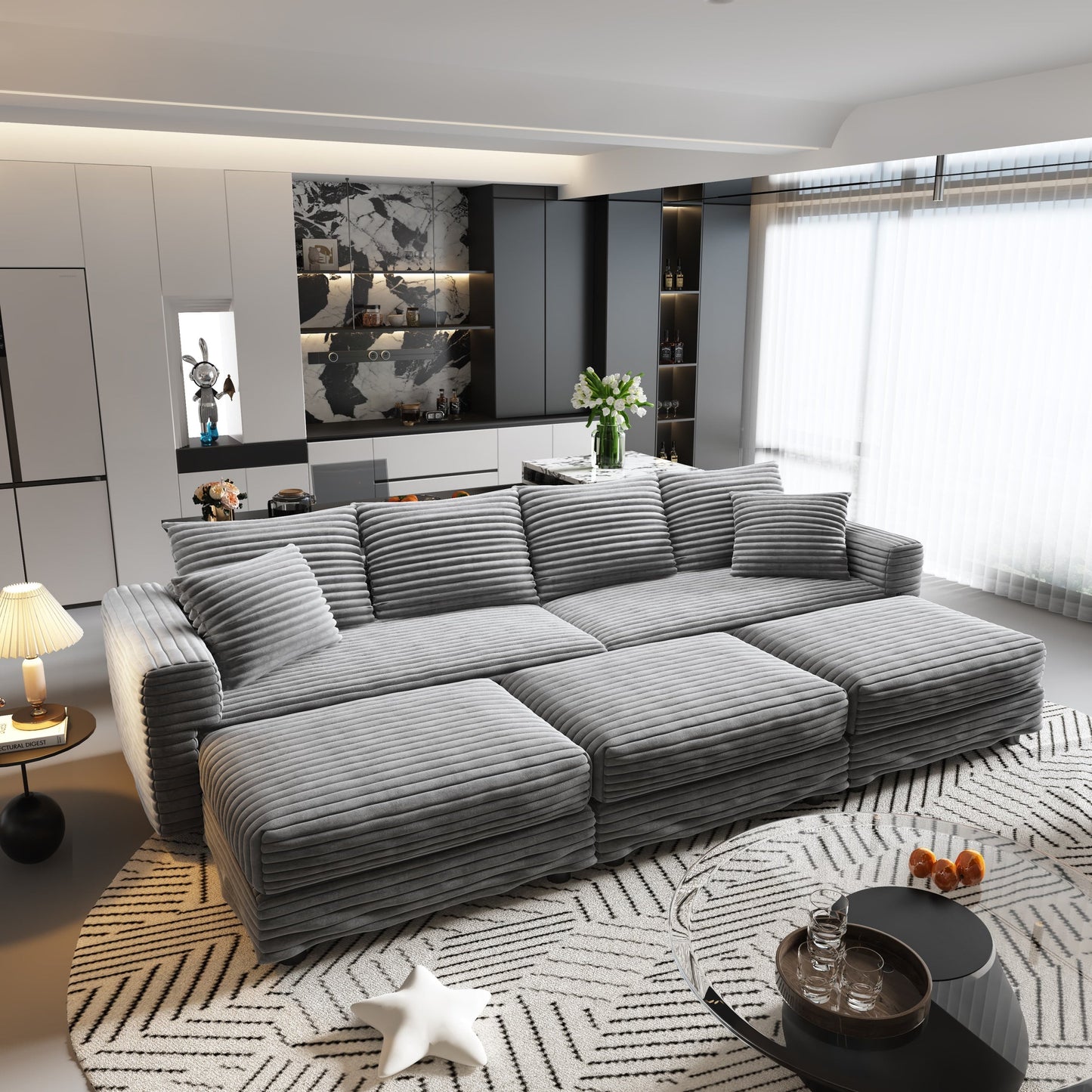 NEW 104.3' Plush Grey Corduroy Modern Comfy Upholstered 4-Seat Comfy Deep Seat Sofa Cloud Couch with Soft Pillows and 3 Ottomans Convertible Lounge Char