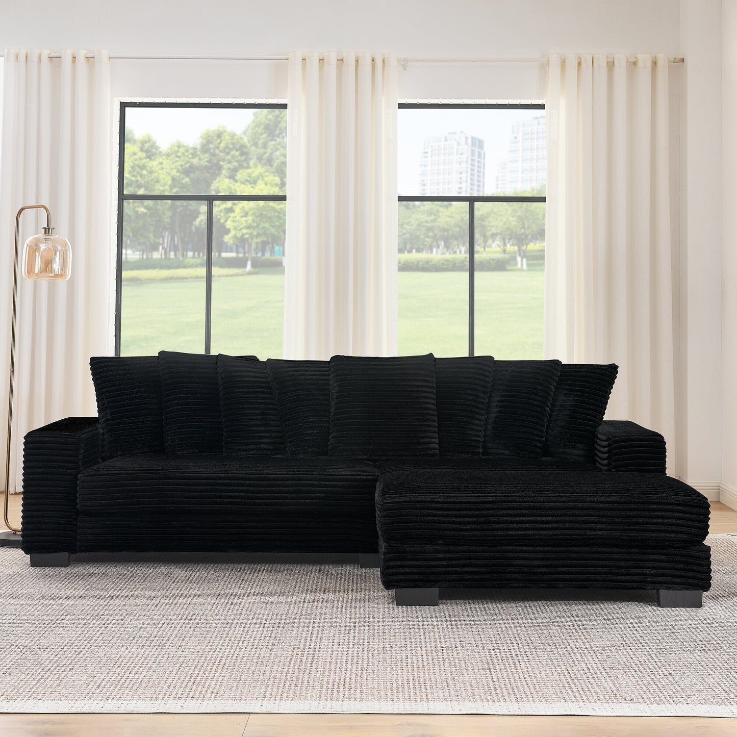 NEW Black Corduroy Tufted Upholstered L-Shaped Modular Convertible Sleeper Sectional Sofa Couch