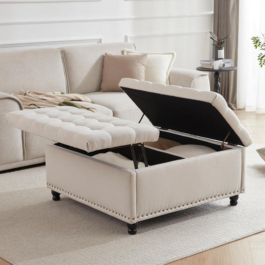 NEW Beige Oversized Storage Ottoman Featuring Lift Top