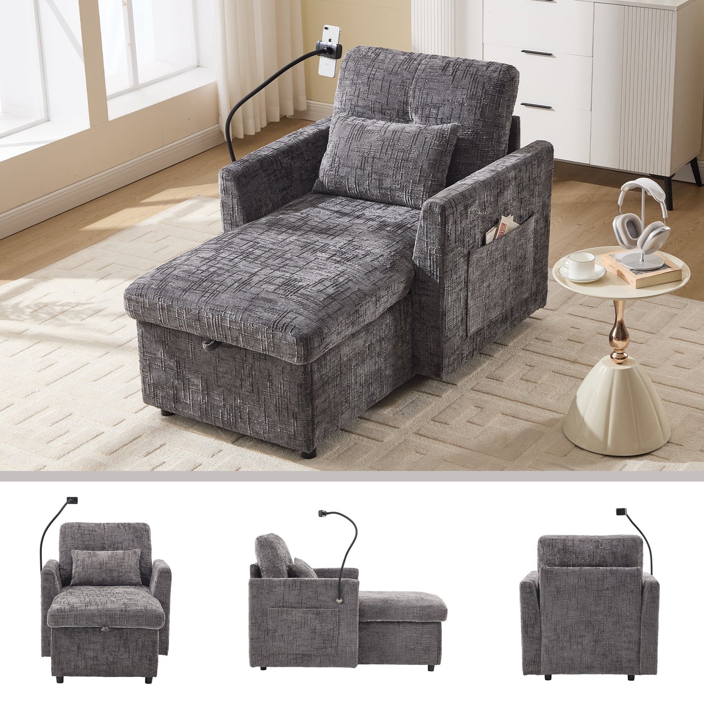 NEW Multifunctional Recliner with Storage Backrest and Cell Phone Bracket in Gray Chenille for Living Room and Bedroom