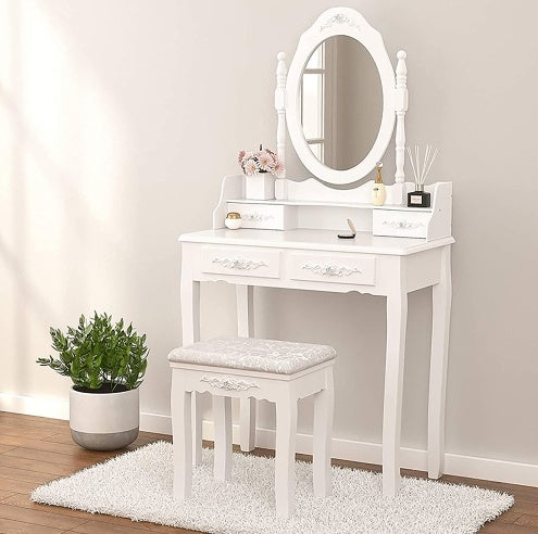 NEW Vanity Table Set With 4 Drawer, Makeup Dressing Table W  Cushioned Stool, Girls Women Bedroom Furniture Set Oval Mirror