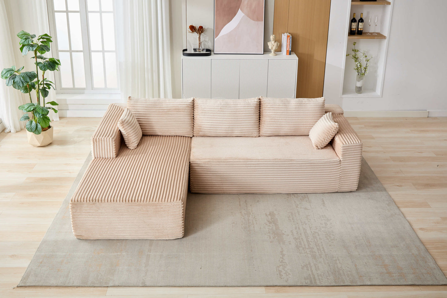 NEW Compression Sectional Couch with Comfy Chaise, Boneless L Shape Sofa with Deep Seat, Minimalist Modular Couches Sleeper for Living Room Bedroom Apartment Lounge,corduroy,Beige