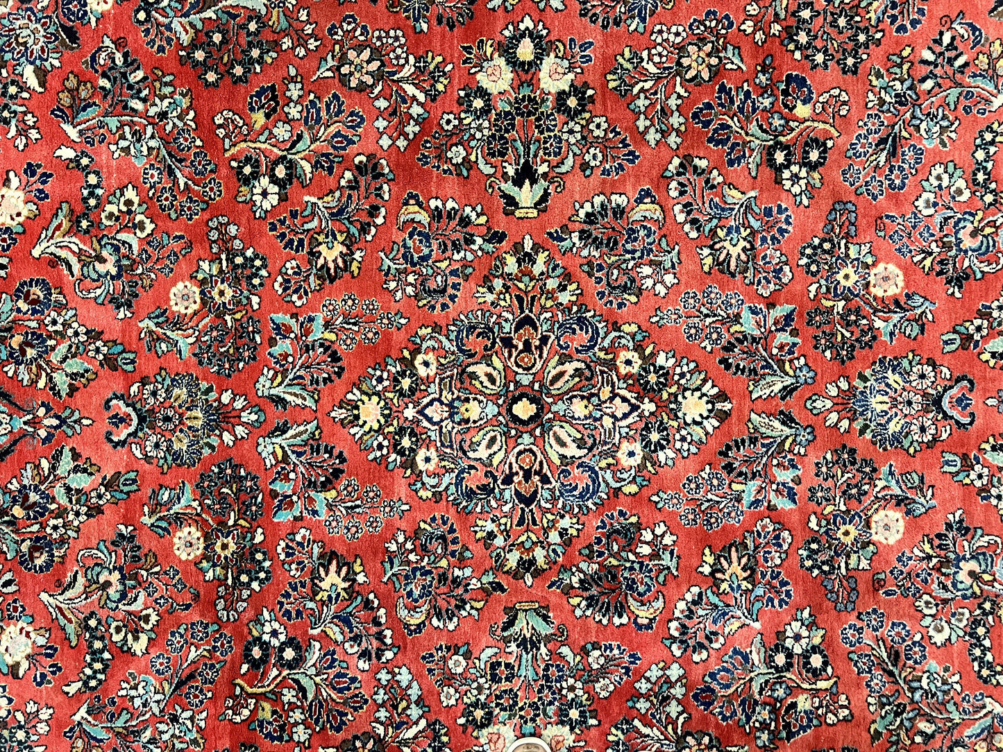 USED Square Persian Sarouk Rug 11x11 ft, Rare Size, Hand Knotted Wool Floral Allover Red Persian Carpet, Handmade Antique Rug