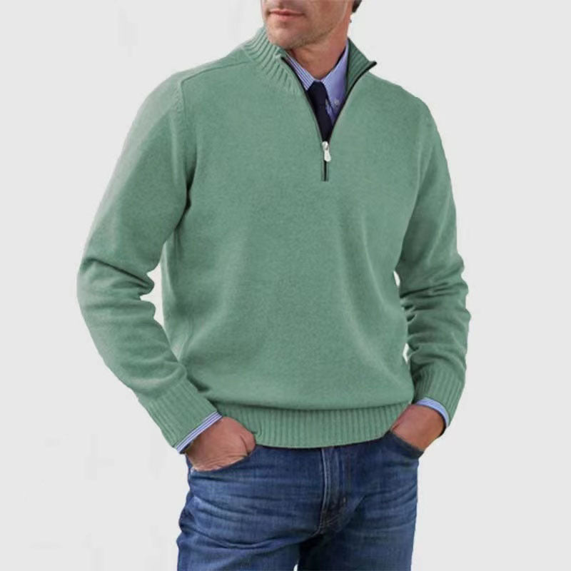 New Men's Stand Collar Zipper Sweater Winter Fashion Solid Color Long Sleeve Knitted Top Clothing