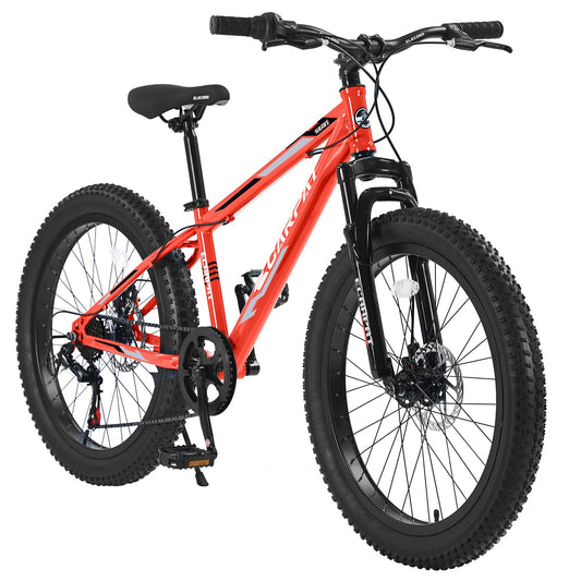 NEW S24109 Elecony 24 Inch Fat Tire Bike Adult/Youth Full Shimano 7 Speeds Mountain Bike, Dual Disc Brake, High-Carbon Steel Frame, Front Suspension, Mountain Trail Bike, Urban Commuter City Bicycle