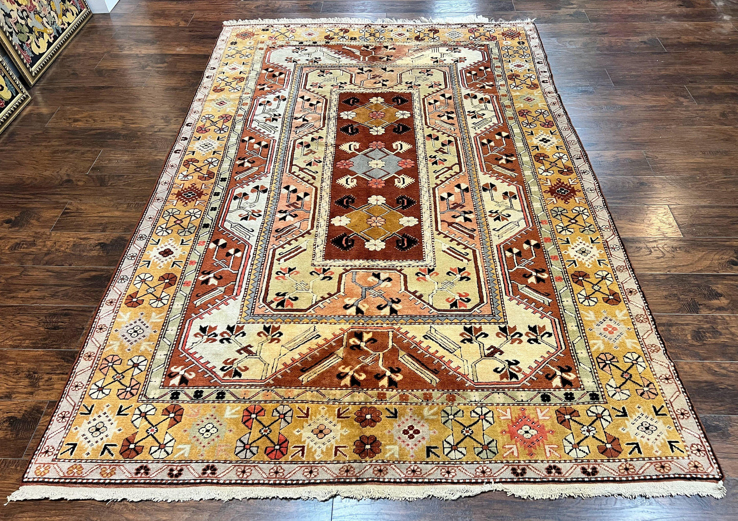 USED Turkish Rug 7x10, Wool Hand Knotted Vintage Carpet, Geometric Kazak Pattern