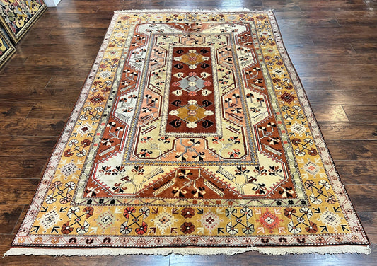 USED Turkish Rug 7x10, Wool Hand Knotted Vintage Carpet, Geometric Kazak Pattern