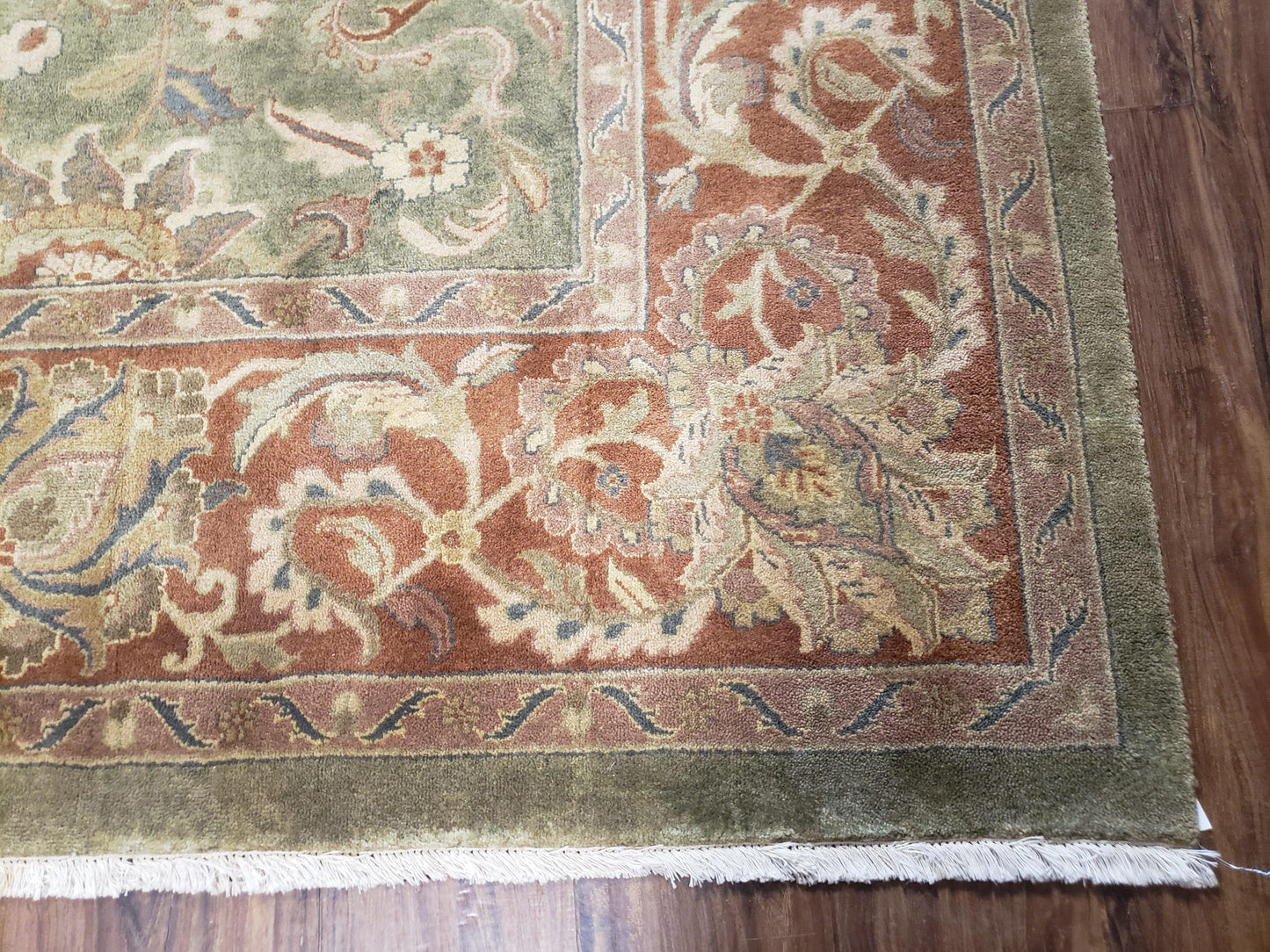 USED Vintage Indo Mahal Area Rug 9x12, Wool Hand-Knotted Laurel Green & Auburn Indian Carpet, 9 x 12 Floral Carpet, Living Room Rug
