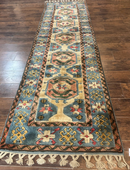 USED Turkish Kazak Runner Rug 3x11, Cream and Light Blue, Vintage