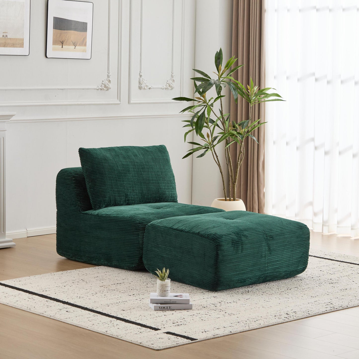 Modern Memory Foam Compressed Sofa,Single Chaise Longue for Living Room,Pet-Friendly Cloud Modular Sectional Sofa,Corduroy Fabric,Movable Ottoman,No assembly required,Green
