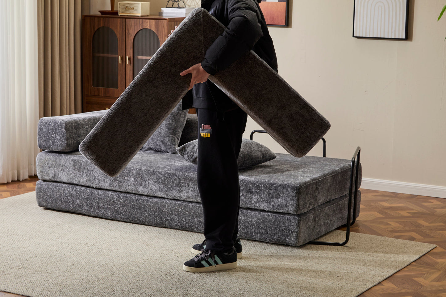 NEW Floor Couch,Compression Sofa,Convertible Floor Sofa Bed-with Pillow Back Support Armrest,Comfy Futon Couch Lounge Sleeper Bed,Chenile fabric,for Living Room Bedroom (DARK-GREY)