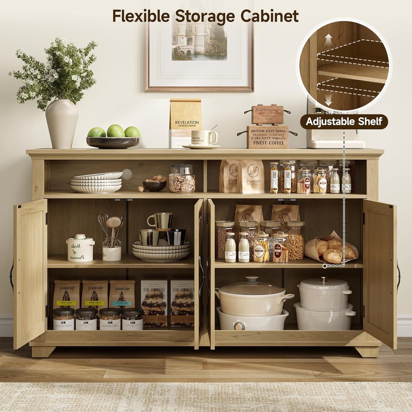 NEW 60 Inch Sideboard Buffet Cabinet With Open Storage