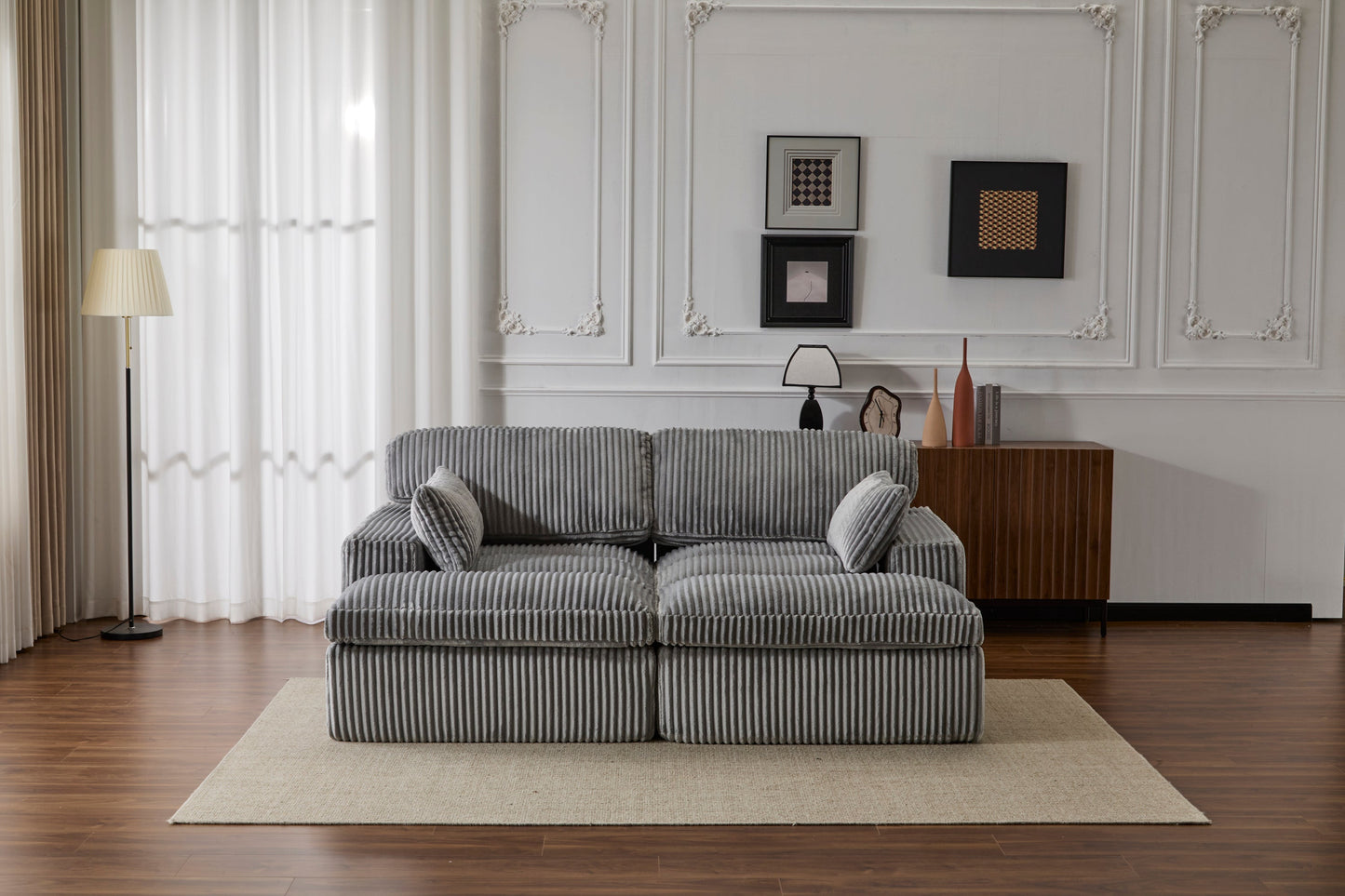 NEW Indoor Grey Corduroy Oversized Upholstered Double Chaise Lounge Chair Oversized Upholstered Sleeper Cloud Couch Deep Seat Luxury Sectional Sofa Bed Chaise Lounge