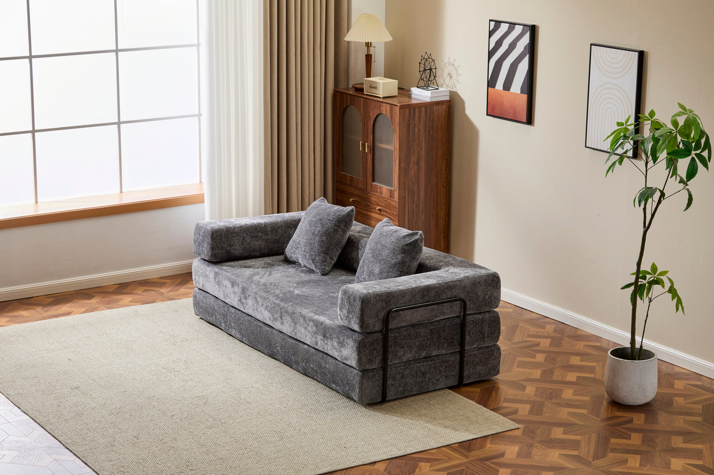 NEW Floor Couch,Compression Sofa,Convertible Floor Sofa Bed-with Pillow Back Support Armrest,Comfy Futon Couch Lounge Sleeper Bed,Chenile fabric,for Living Room Bedroom (DARK-GREY)