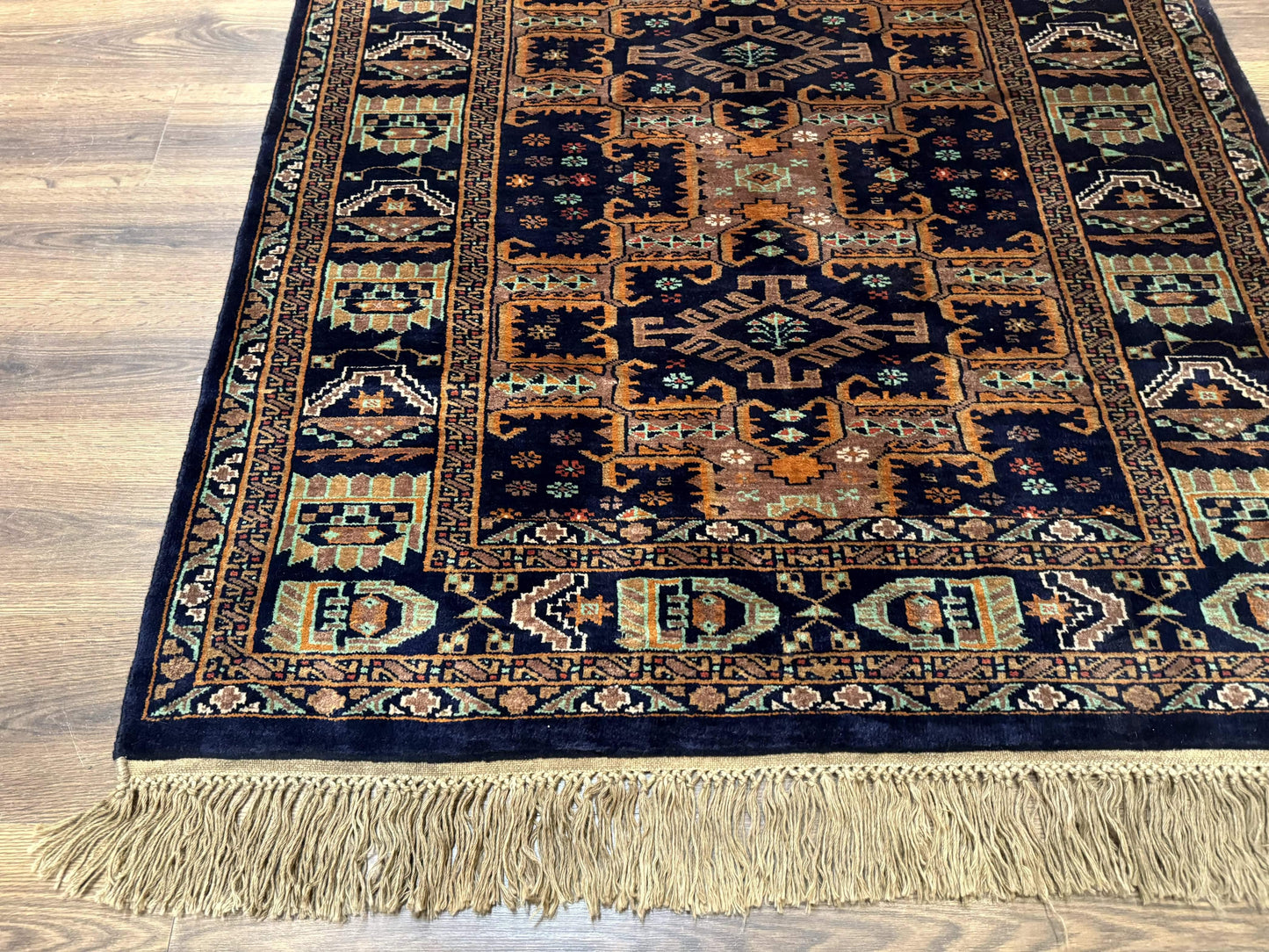 USED Vintage Afghan Rug 4x6, Navy Blue and Light Brown, Geometric Medallions, Wool on Wool, Tribal Rug