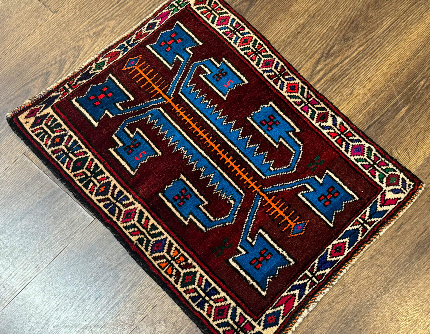 USED Persian Tribal Rug 1.8 x 2, Small Balouchi Rug, Unique Design, Burgundy and Blue