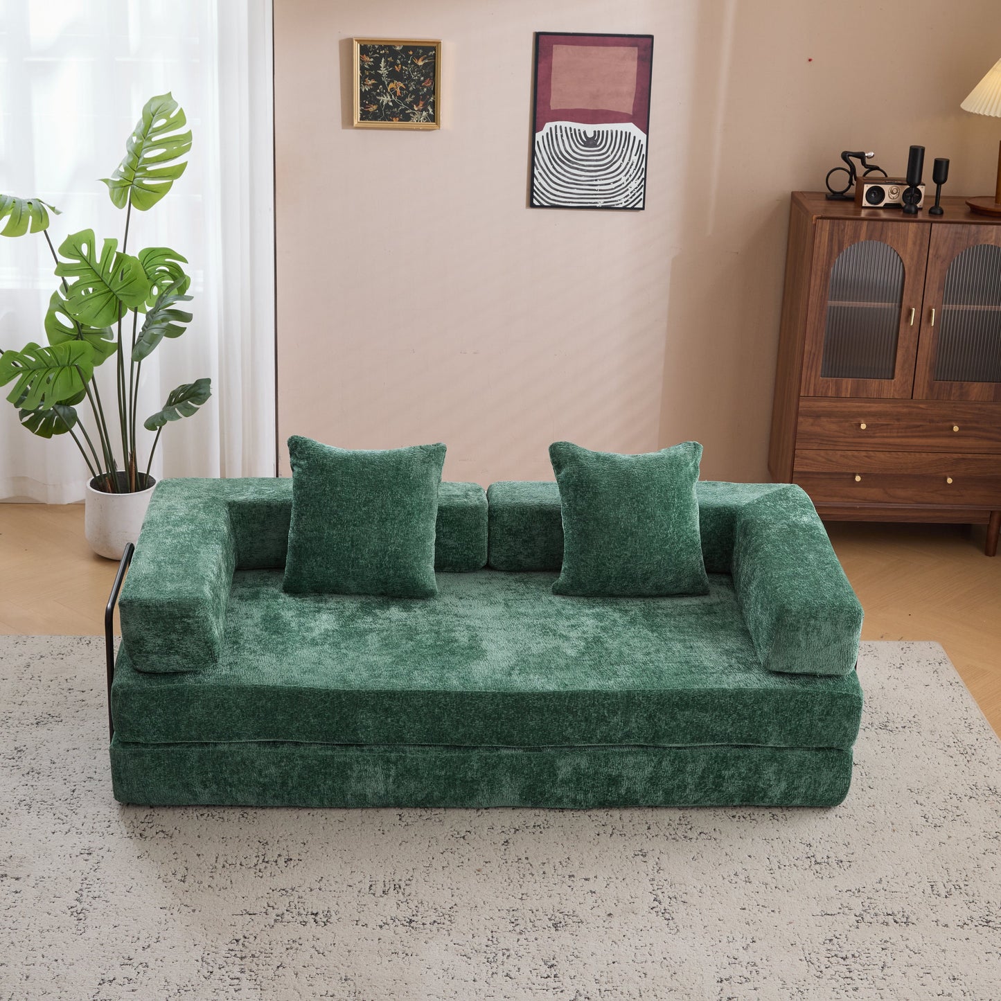 NEW Dark Green Chenille Fabric Floor Compression Convertible Sofa Bed