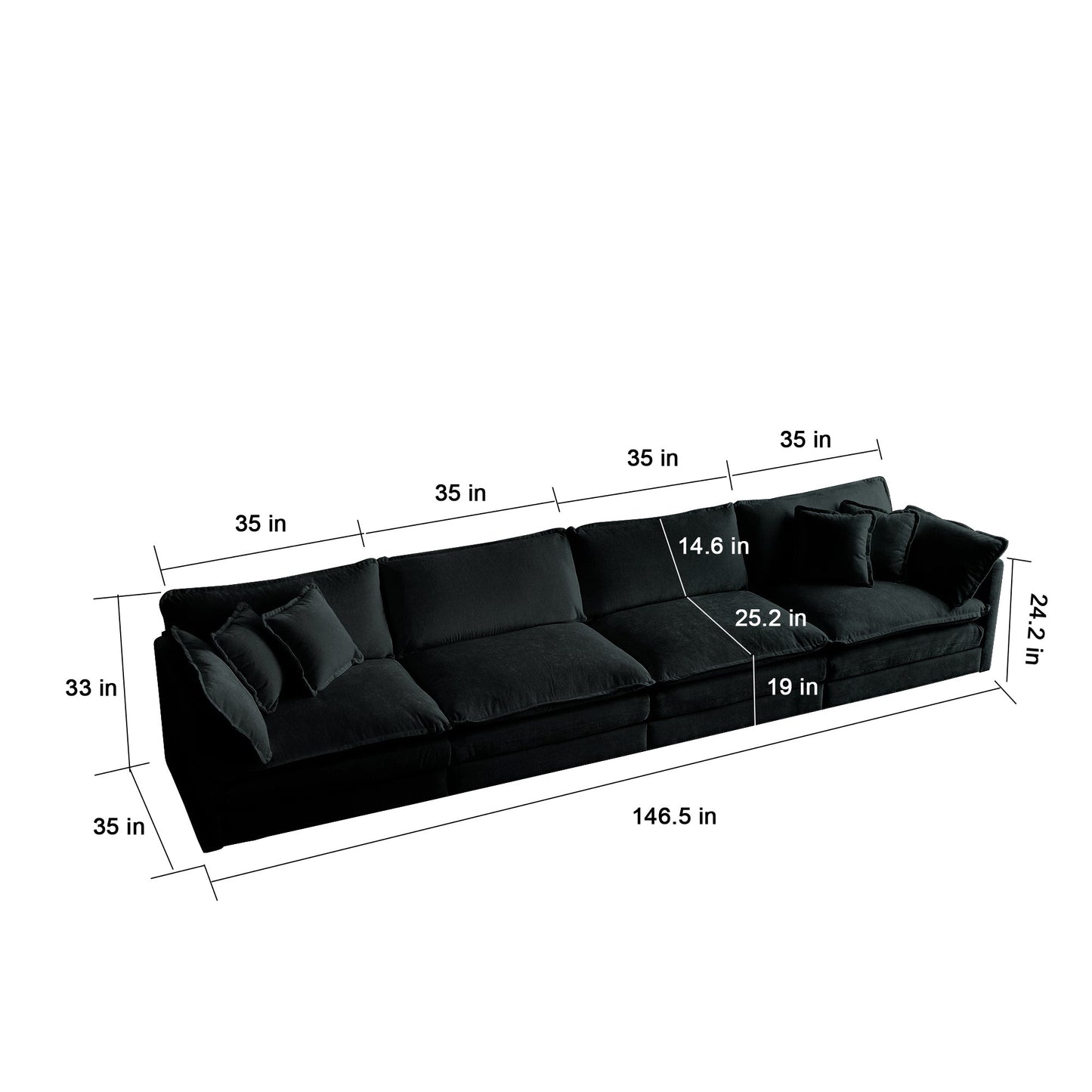 NEW Comfort U Shaped Couch with Reversible Chaise, Modular Large U-Shape Sectional Sofa, Double Extra Ottomans,Black Chenille