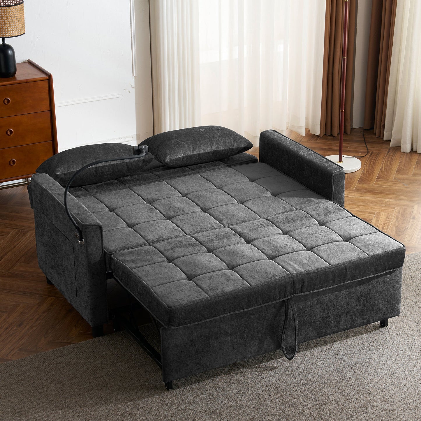 NEW Contemporary 56.9' Loveseat Sofa Bed Sleeper with Reversible Backrest, Side Pockets, USB Ports, Phone Holder, Black Chenille