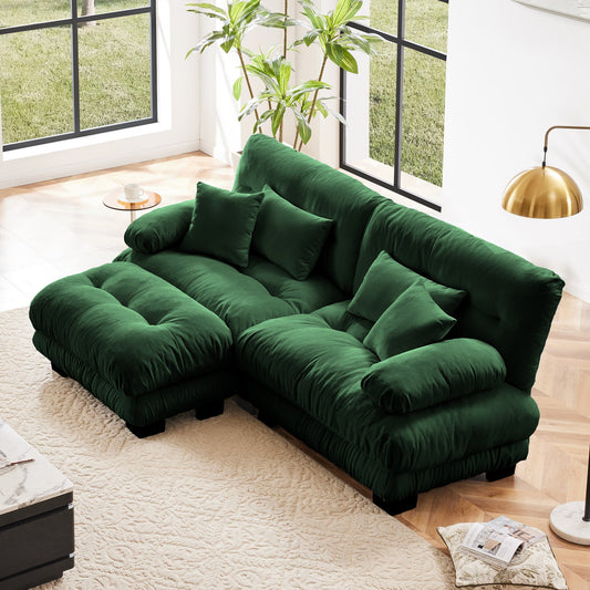 NEW Cloud Couch Sectional Sofa for Living Room, Chenille 2 Seater Sofa with 2 Lumbar pillows and 2 throw pillows , Upholstered Wide Arm Sofa with Convertible Ottoman,Chenille Green