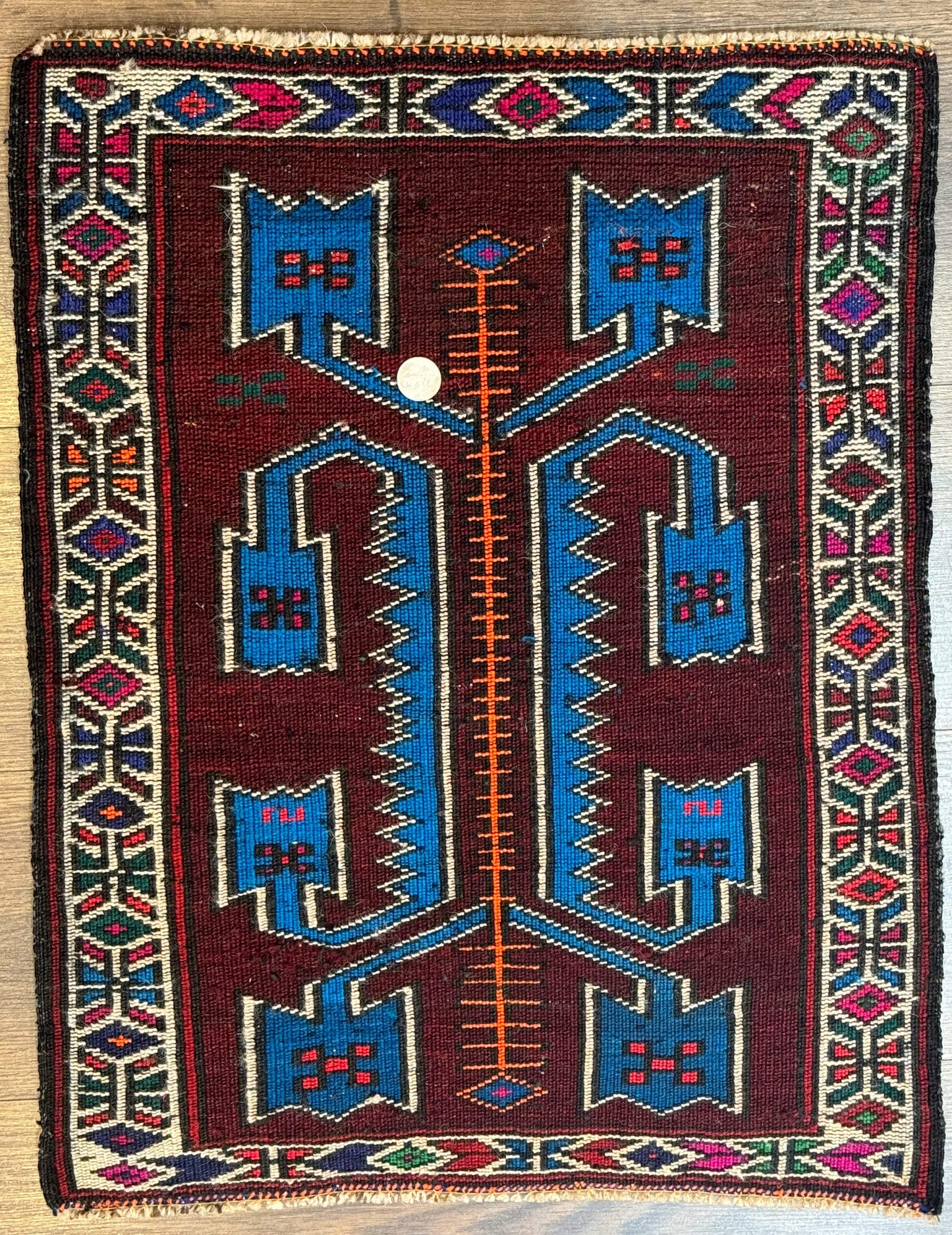 USED Persian Tribal Rug 1.8 x 2, Small Balouchi Rug, Unique Design, Burgundy and Blue